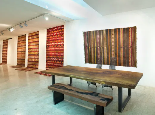 l > r: Uzbek kilms, kilim from Kale Nao, furniture by Udo Gangl