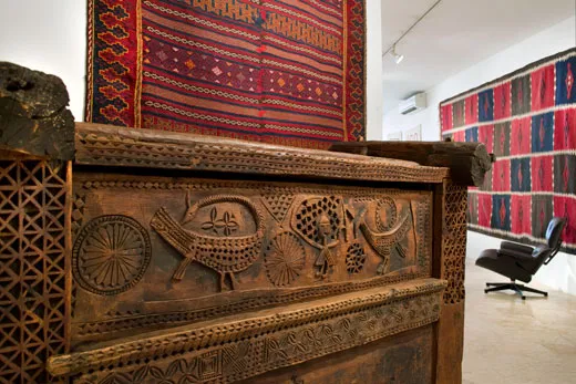 kilim from Kale Nao (foreground), kilim from Labidjar (background), chest from Radjasthan