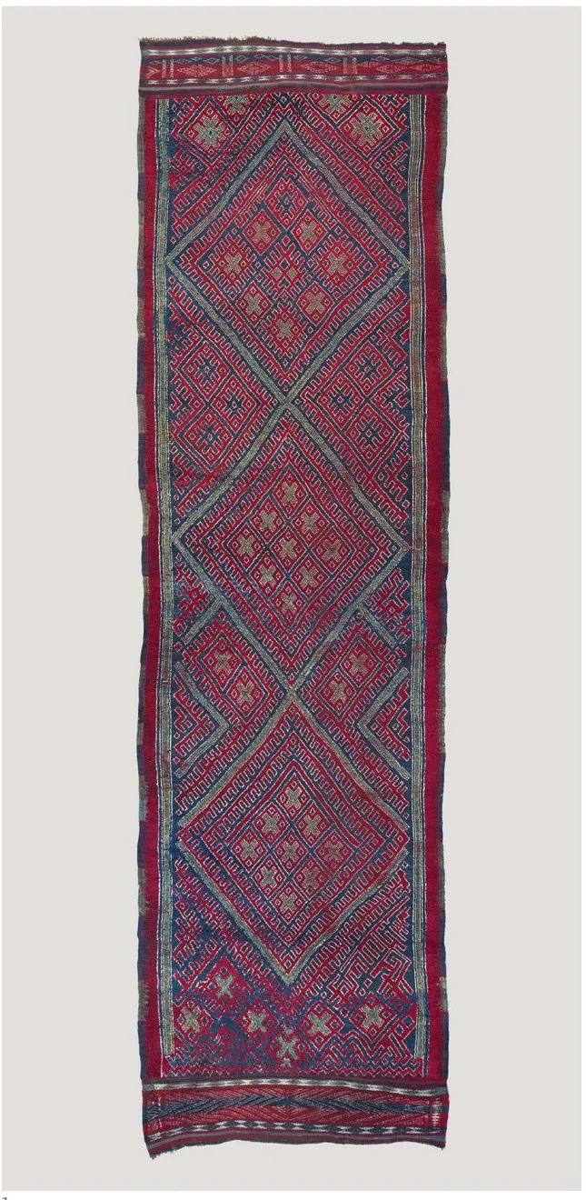 Long red-and-blue 19th-century Jebel Amour rug with a dense geometric field