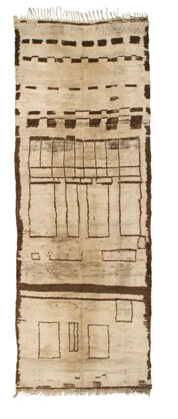 Pale Azilal rug with an architectural grid and sparse dark motifs