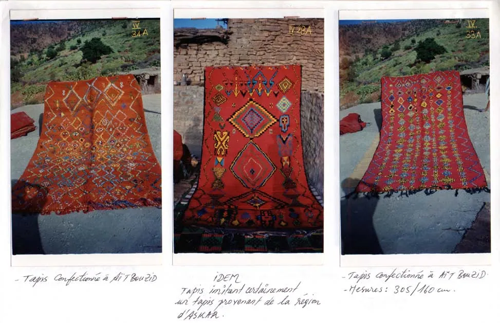 Three field photographs of red and orange rugs displayed outdoors
