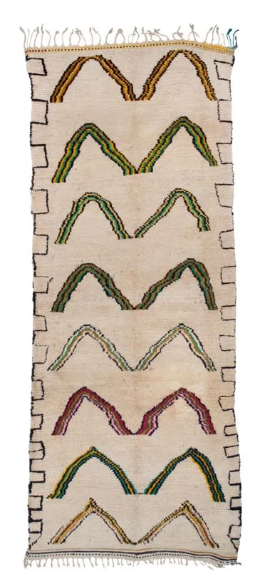 Ivory rug animated by broad brown, green and red wave forms