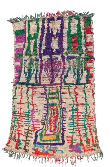 Green, purple and black rug with elongated vertical abstract forms