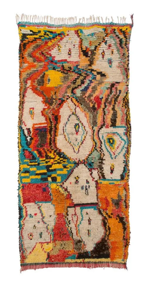 Narrow colourful rug with stacked central medallions and figures