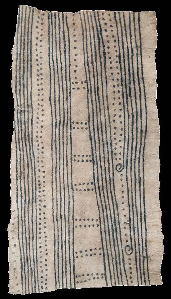 White rug patterned with fine blue-black vertical lines and dots