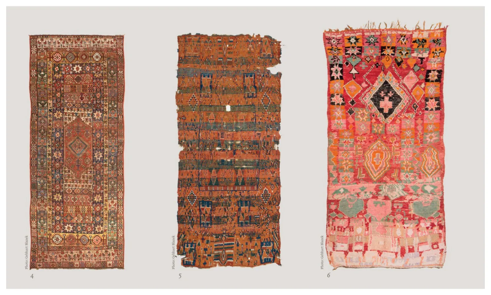Three narrow rugs showing muted geometric, striped and pictorial compositions