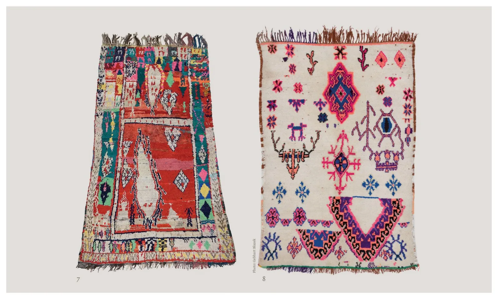 Two colourful rugs with playful figures, symbols and asymmetric medallions