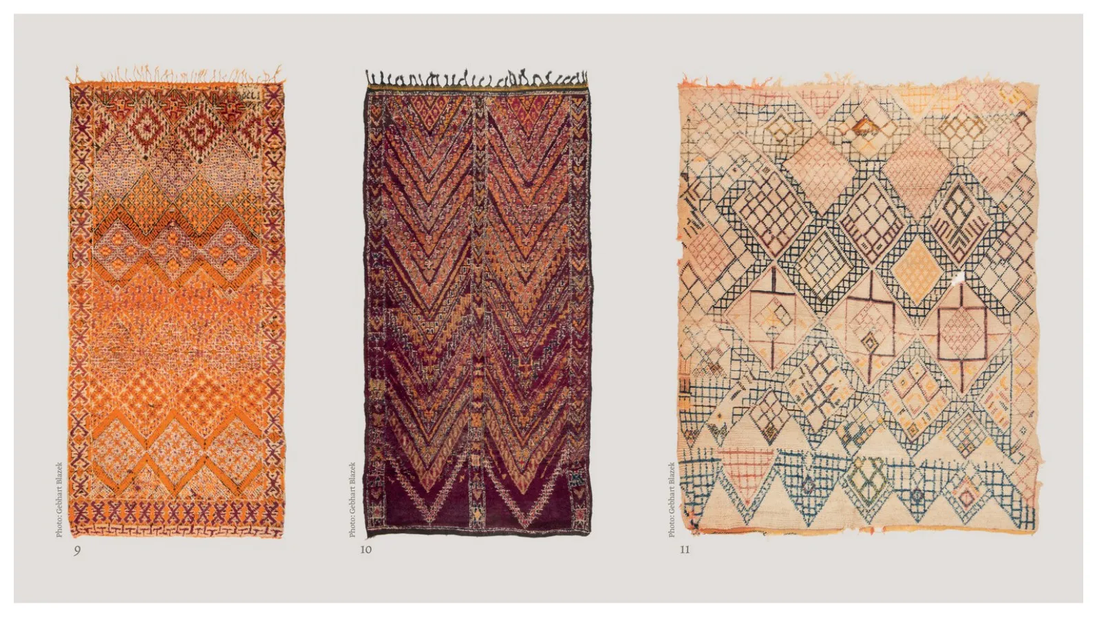 Three rugs with orange, violet and pale diamond-based compositions