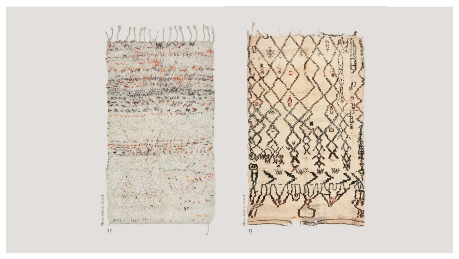 Two pale rugs with sparse black lattices and animal-like figures