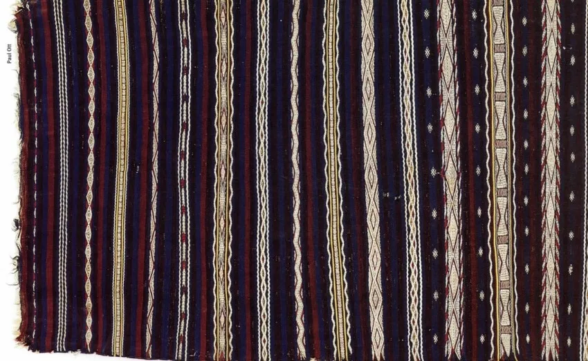 Dark indigo shawl with narrow red, white and blue vertical bands