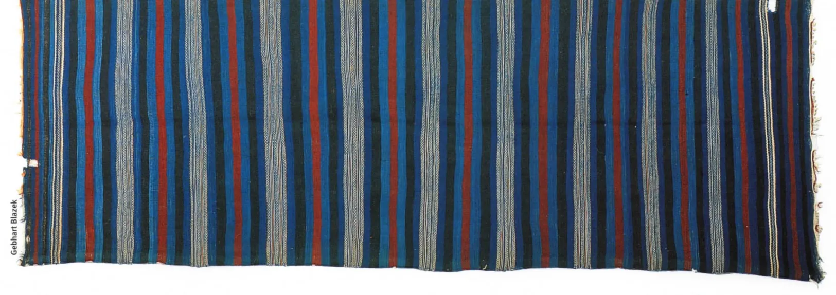 Blue shawl with fine red and dark horizontal stripes
