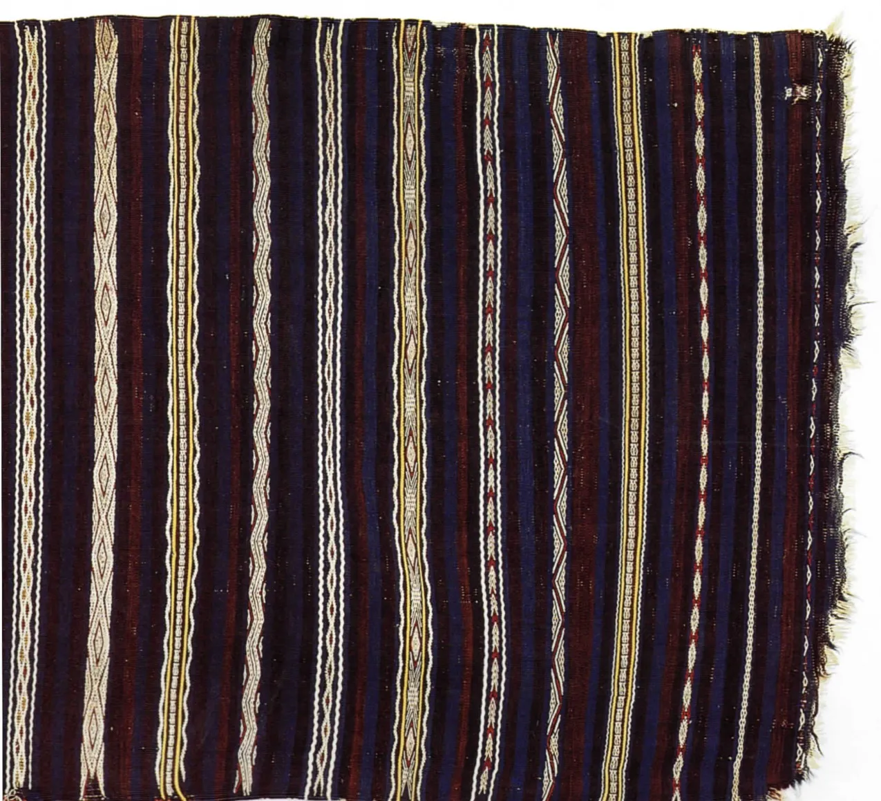 Dark indigo shawl with alternating white patterned vertical bands
