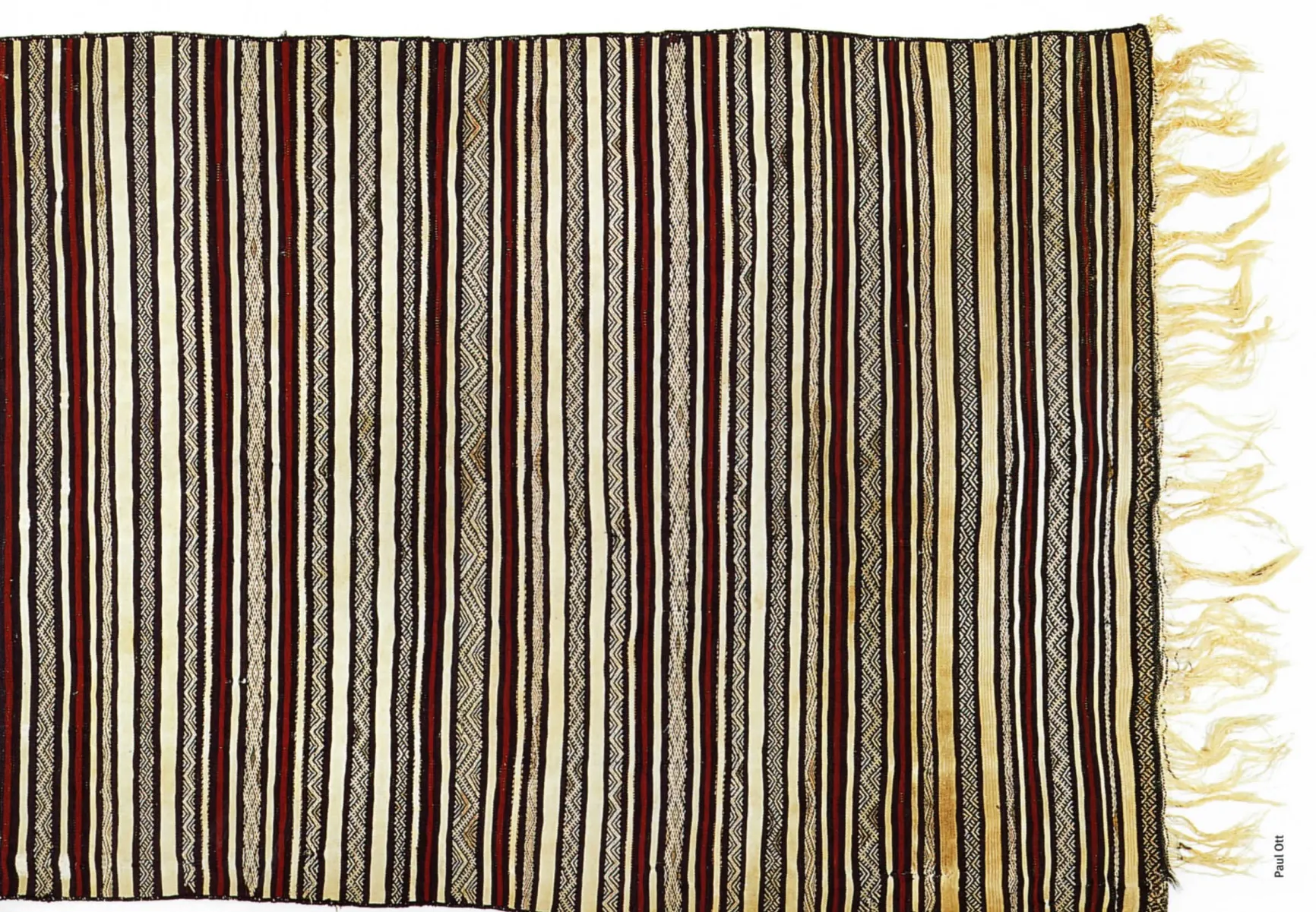 Fine brown, cream and red vertically striped shawl with long fringe