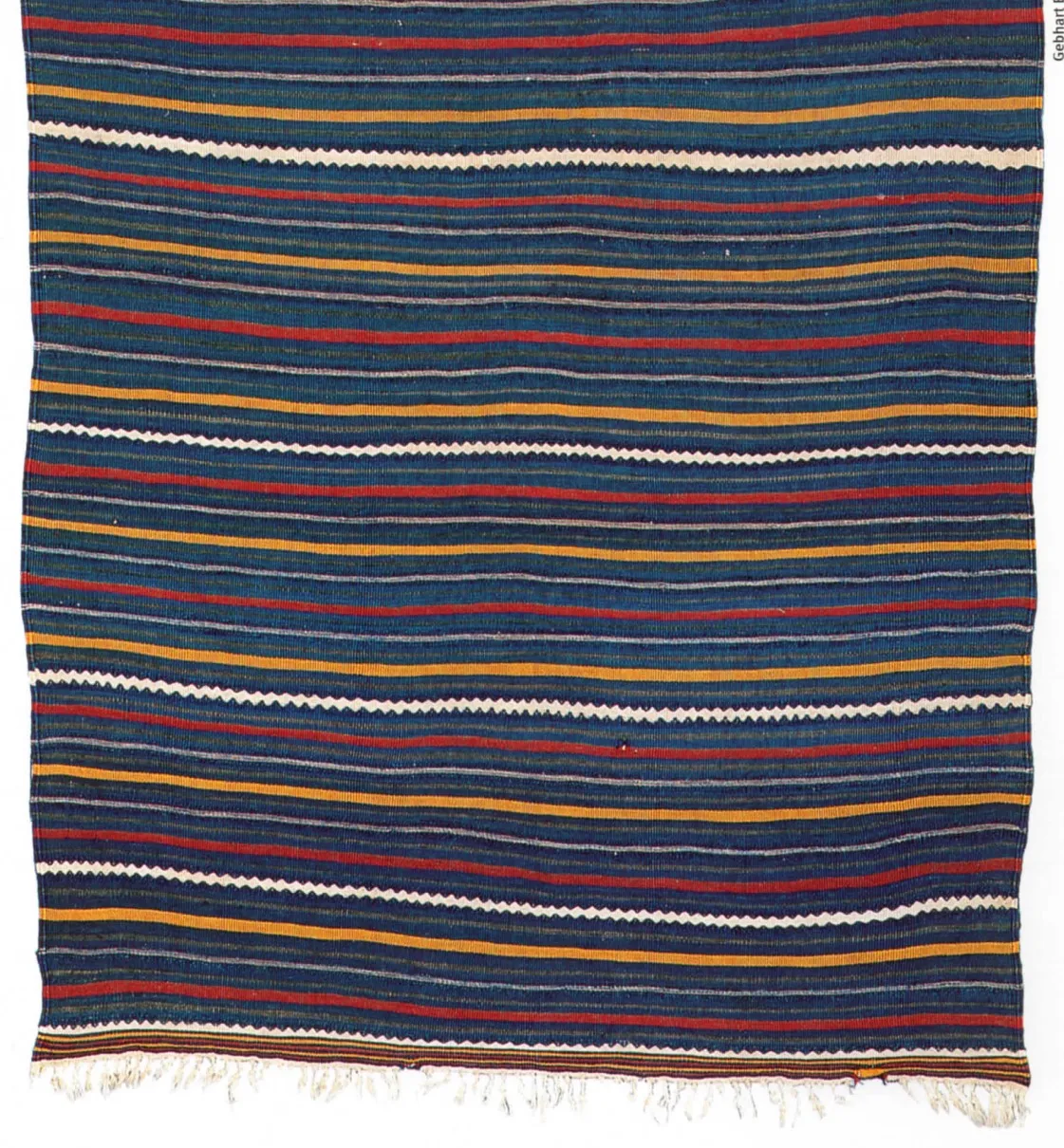 Deep indigo shawl with vivid red, white and blue horizontal bands