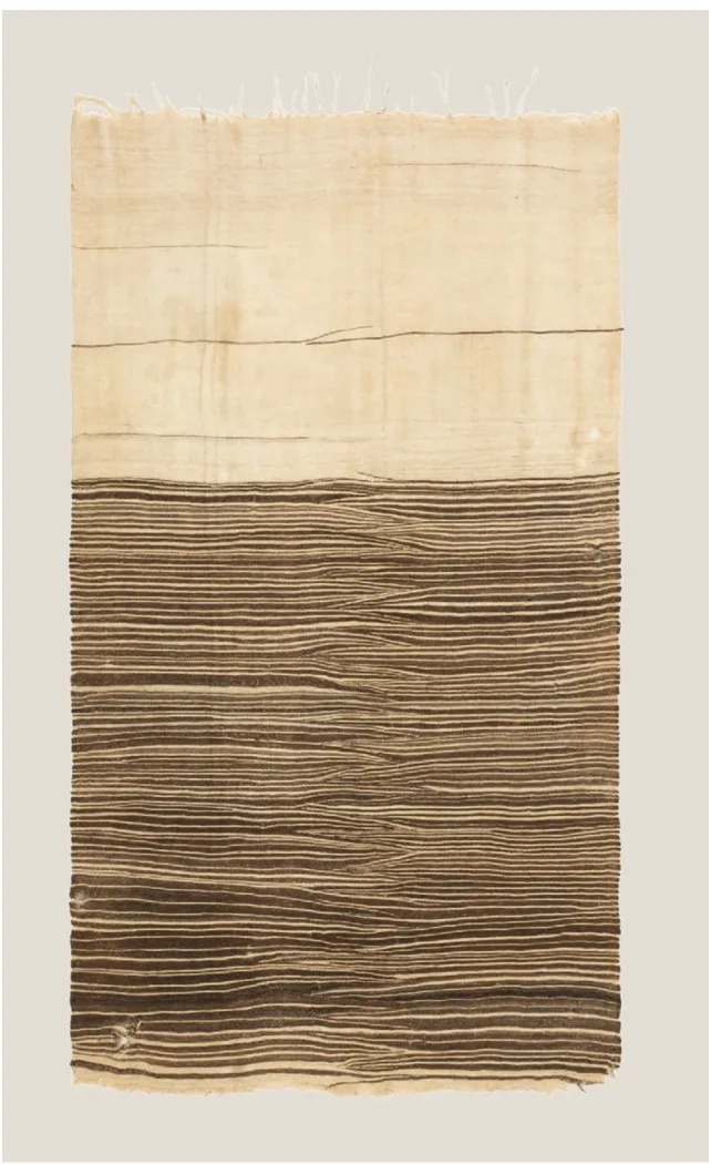 Pale Mejjat haik divided between an undyed field and fine brown stripes