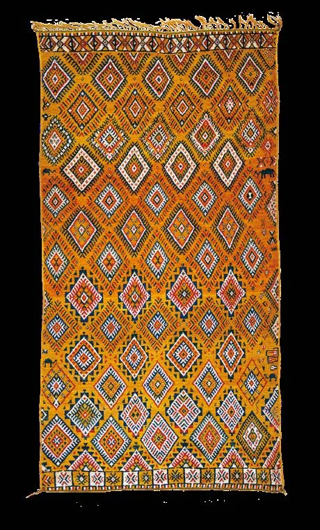 Orange rug with a repeating lattice of colourful diamond medallions