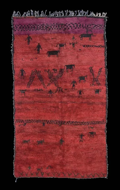 Deep red rug with small dark animal figures across the field