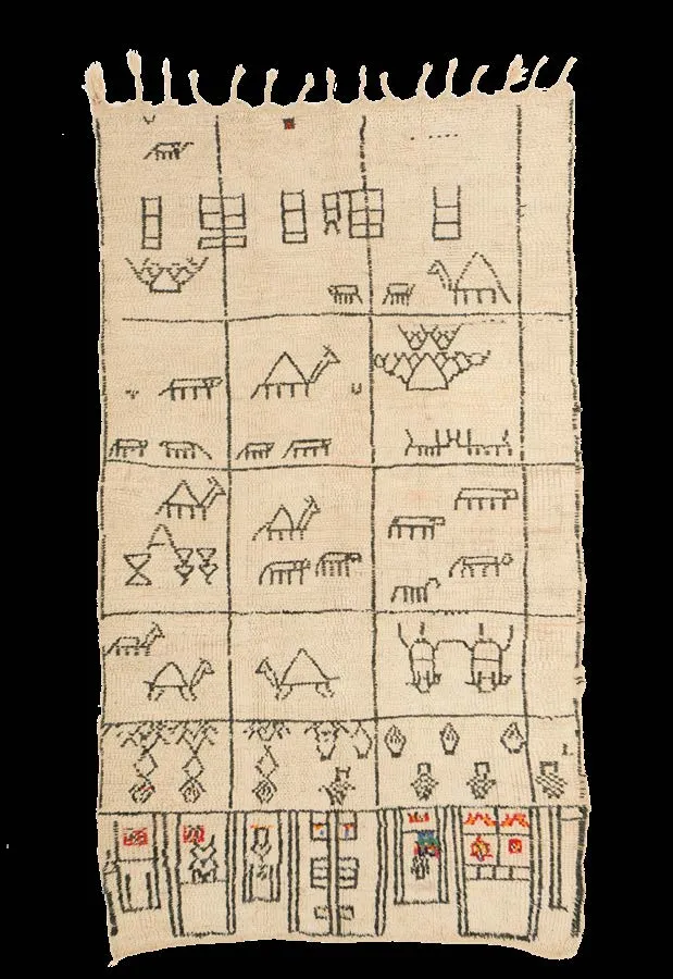 Ivory rug arranged as a pictorial field of animals, people and signs