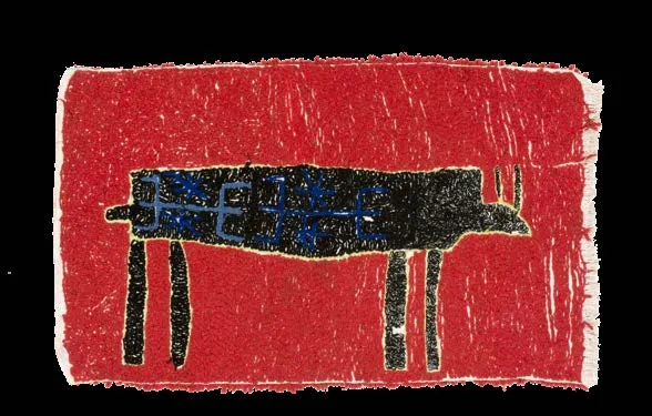 Small red textile showing a single black four-legged animal