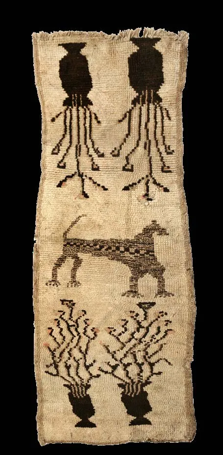 Ivory rug with black birds, quadrupeds, trees and human-like forms