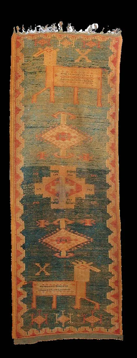 Narrow dark rug with orange geometric medallions and animal forms