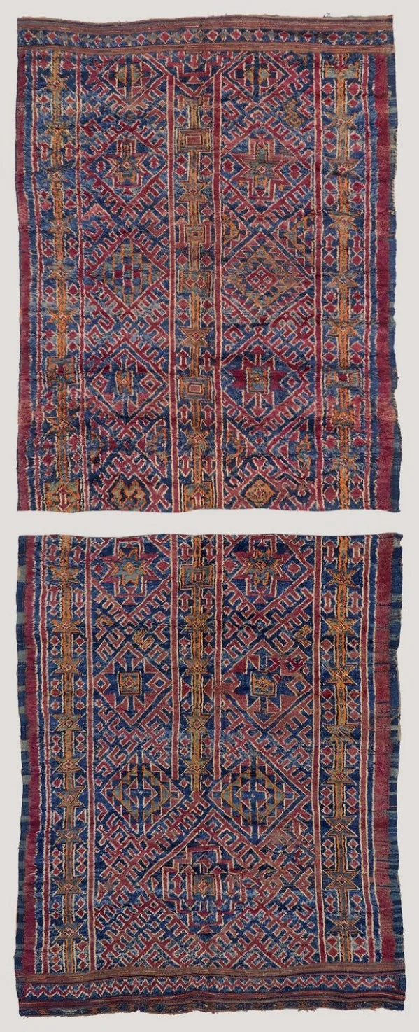 Two joined fragments of a blue-and-red Jebel Amour master-weaver rug