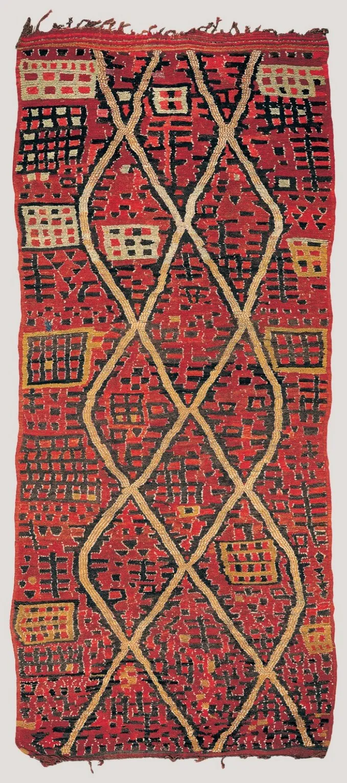 Red eastern Moroccan rug with large cream diamond lines