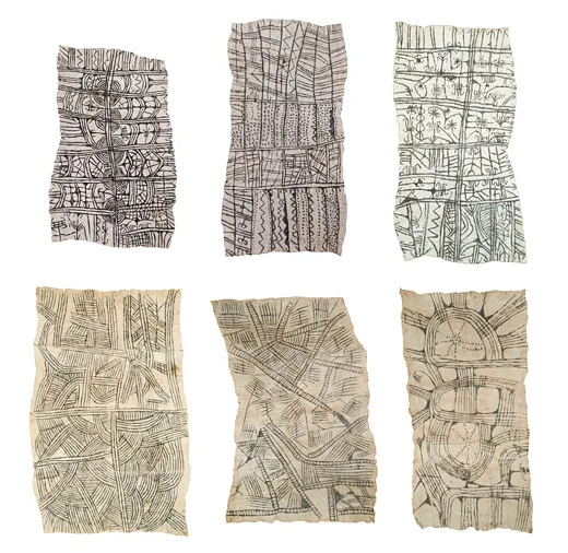 barkloth paintings from the Mbuti people in the Ituri rain forest, eastern Kongo